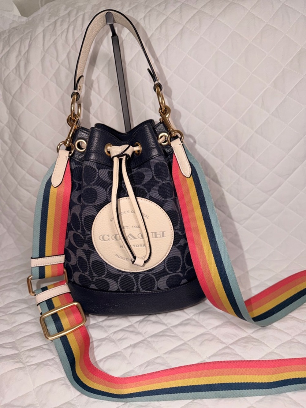 Coach Dempsey Bucket & Drawstring Blue Leather - Picture 2 of 13